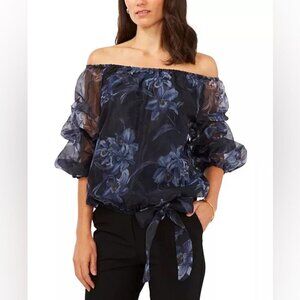 MSK Womens Size Small Off The Shoulder Lantern Sleeve Top Blue Floral Blouse
